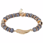 Women's Guardian Angel Crystal Gold Gray Stretch Bead Bracelet with Wing Charm