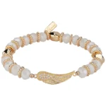 Women's Guardian Angel Crystal Gold White Stretch Bead Bracelet with Wing Charm