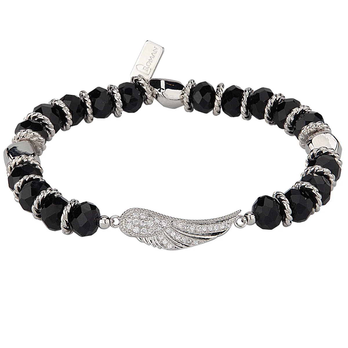 SILVER_BLACKWomen's Guardian Angel Crystal Stretch Bead Bracelet with Wing Charm Women's Guardian Angel Crystal BLACK Stretch Bead Bracelet with Wing Charm - Imagen 1