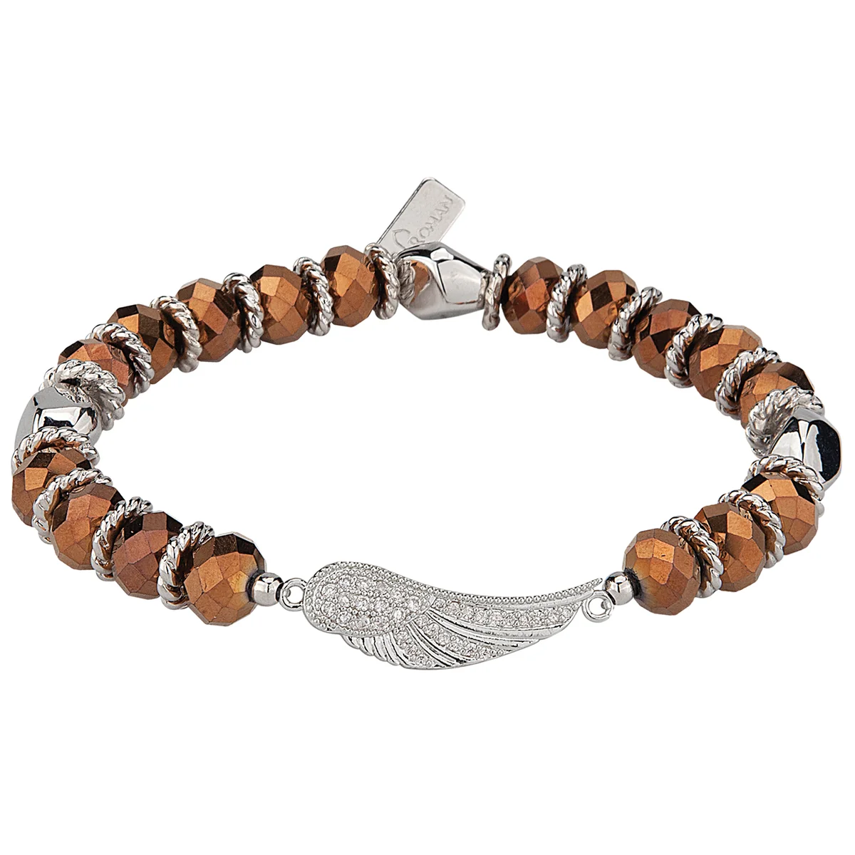 SILVER_BRONCEWomen's Guardian Angel Crystal Stretch Bead Bracelet with Wing Charm Women's Guardian Angel Crystal Silver Bronce Stretch Bead Bracelet with Wing Charm - Imagen 1