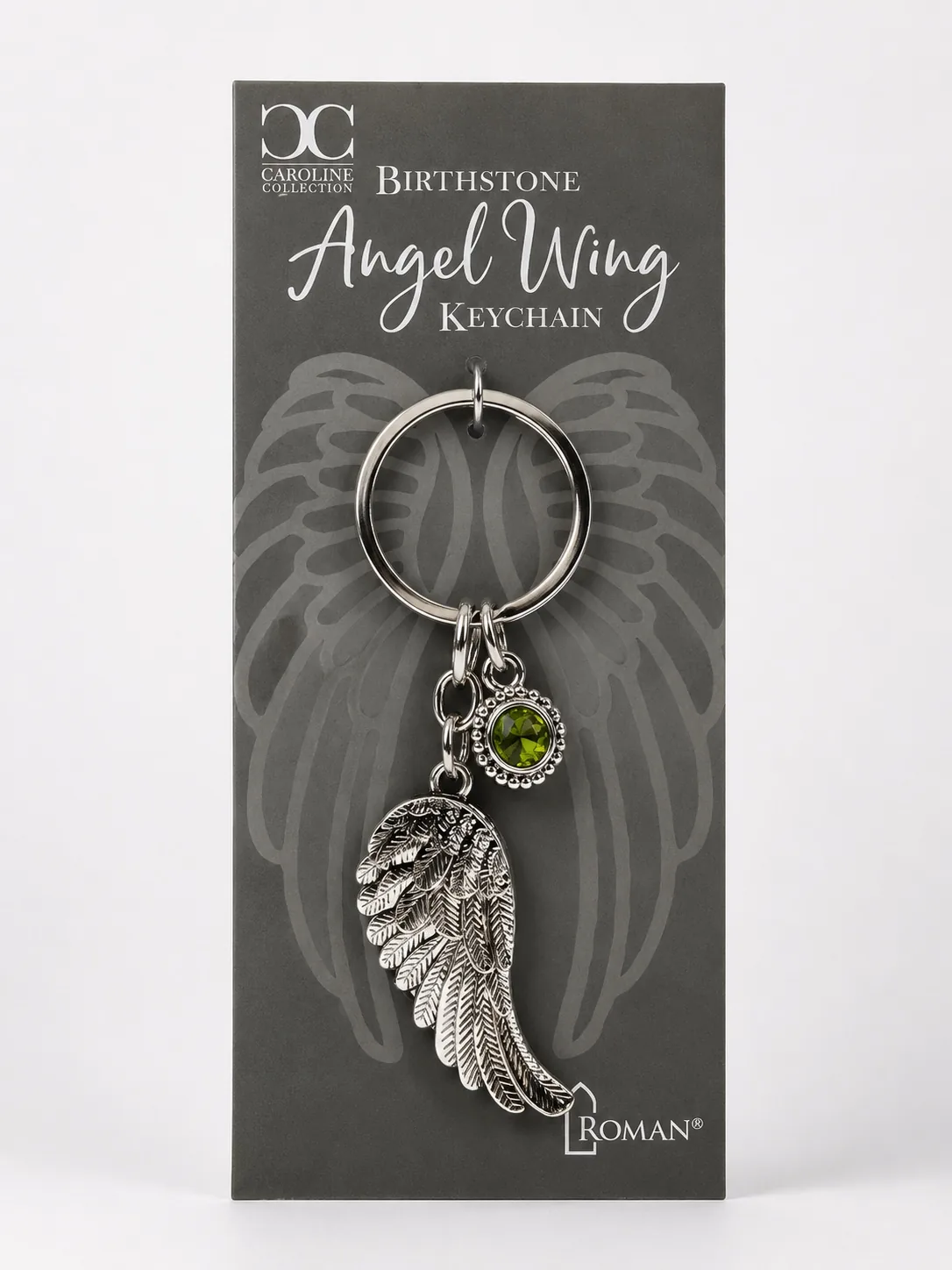 angel-wing-green-birthstone-web Llavero Ala de Ángel con Piedra de Nacimiento de Agosto - Imagen 1