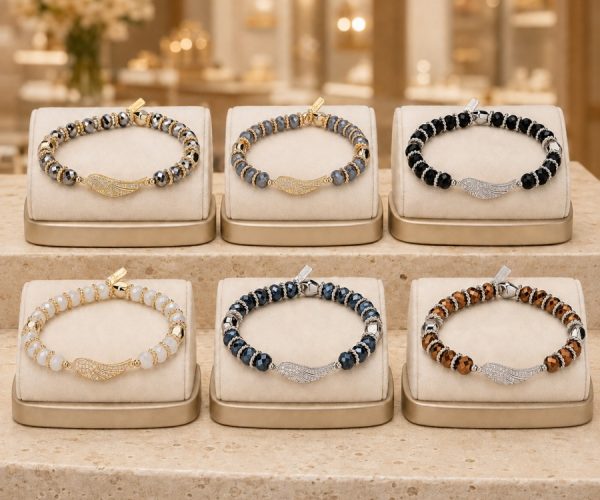 juntas. Women's Guardian Angel Crystal Stretch Bead Bracelet with Wing Charm
